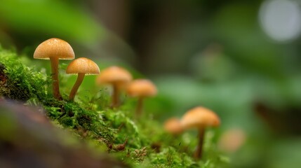 Fototapeta premium A small batch of young mushroom caps emerging from vibrant green moss in a natural forest setting.