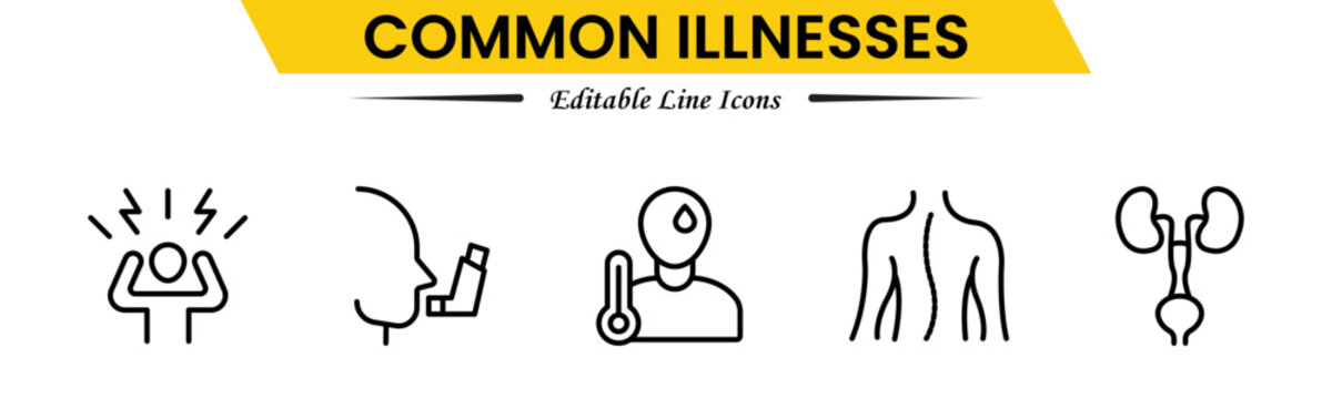 Common Illnesses line icons set. Common Illnesses outline icons with editable stroke collection. These Includes Breast Cancer, Depression, Brain Tumor, Allergy, Diabetes, and More.