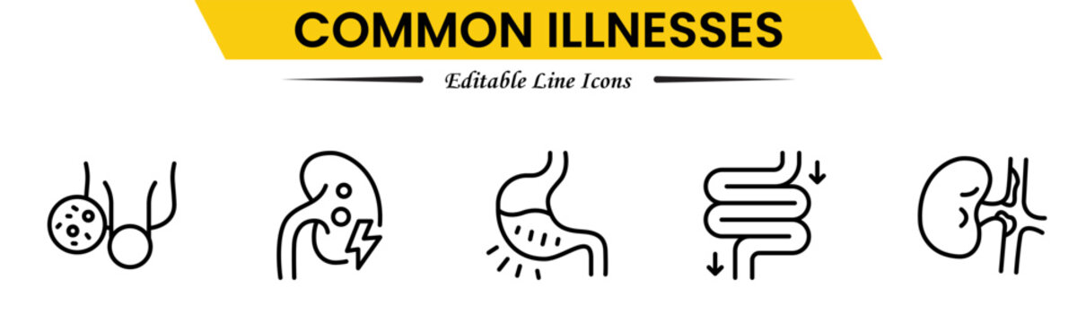 Common Illnesses line icons set. Common Illnesses outline icons with editable stroke collection. These Includes Breast Cancer, Depression, Brain Tumor, Allergy, Diabetes, and More.