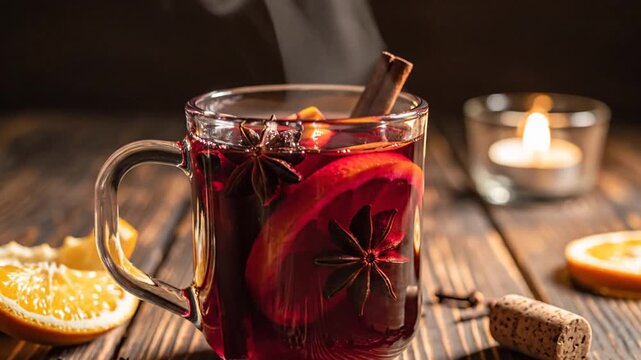 Steaming clear glass mug filled with red mulled wine, garnished with orange slices, cinnamon sticks, and star anise on a rustic wooden table with cloves and a lit candle.