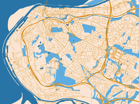 City map of Runcorn, United Kingdom &ndash; golden linework with blue water
