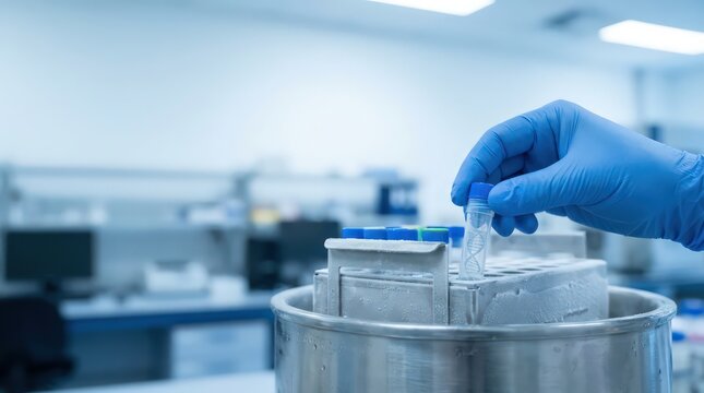 Gloved hand placing cryogenic DNA sample vial into frozen biobank rack in clinical laboratory with copy space