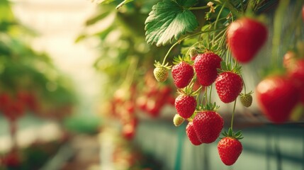 Obraz premium Vibrant Red Strawberries Ripening on Lush Green Stems in a Sunny Garden