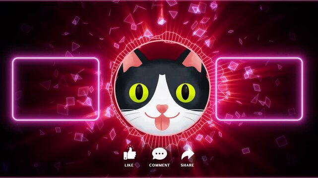 Animated cute cat face with sound equalizer and glowing squares.
