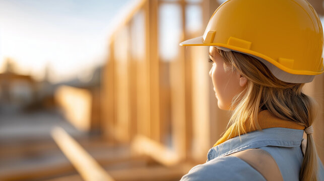 Faceless female builder standing on a construction site, woman in construction industry concept, defocused background, with copy space