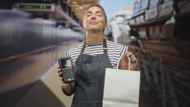 Woman in apron holds a dataphone in her right hand and a white paper bag, smiling with closed eyes while presenting the payment terminal in a store building; friendly service contentment.