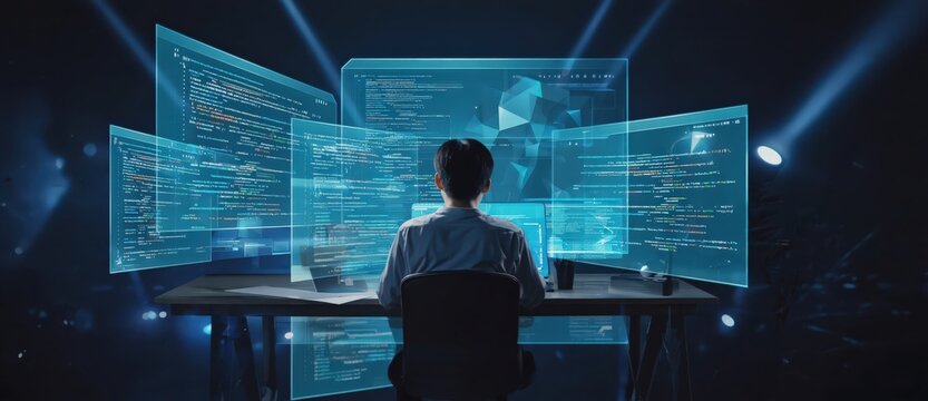 AI Programming Interface &mdash; Software Development and Coding Concept. High-end cinematic programming scene with glowing code interface and digital panels. 05