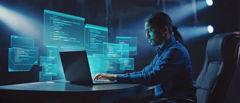 AI Programming Interface &mdash; Software Development and Coding Concept. High-end cinematic programming scene with glowing code interface and digital panels.
