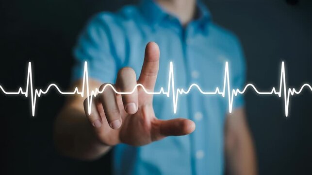 Hand interacting with a single heartbeat waveform hologram icon 