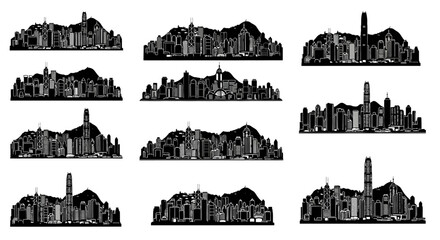 Obraz premium Hong Kong Skyline Silhouette Collection: Diverse Cityscape Vector Art