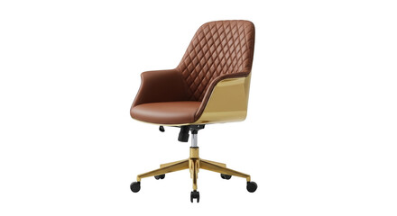 Fototapeta premium Modern luxury office chair with brown quilted leather seat and gold metallic base isolated on transparent background