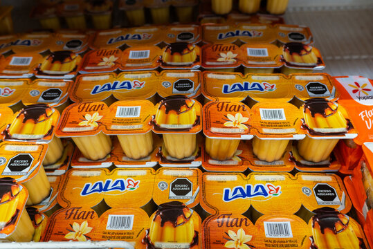Villa de Alvarez, Colima, Mexico. March 6, 2026: Lala Flan Dessert Cups on Display at Supermarket Food Store