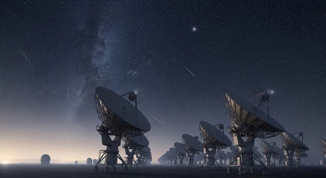Satellite dish array pointing at starry night sky, space communication