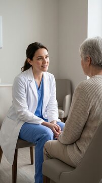 Doctor consulting senior woman during medical appointment in clinic. Concept of healthcare service consultation, patient care support, medical advice session, professional treatment guidance.