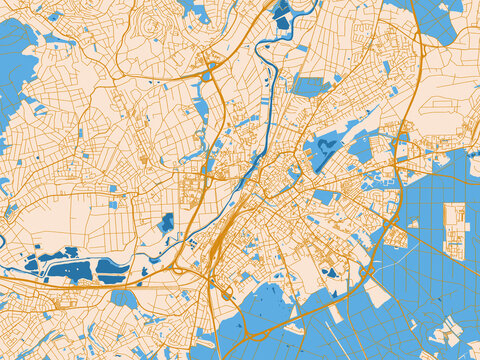 Minimal city map of Giessen, Germany with golden linework with blue water