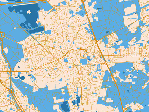 City map of Hilden, Germany &ndash; golden linework with blue water