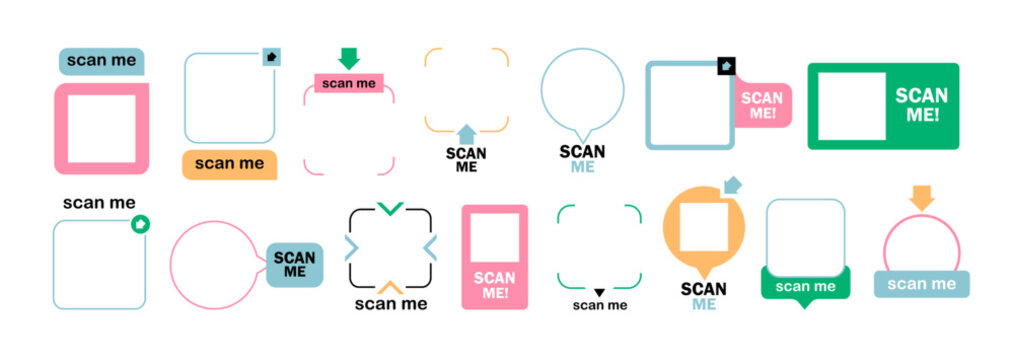 QR code template with barcode and scanning interface. Barcodes with text scan me. Digital payment and shopping concept for apps, business, and web design.