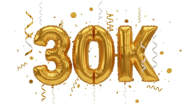 30k golden foil balloon celebration isolated on transparent background