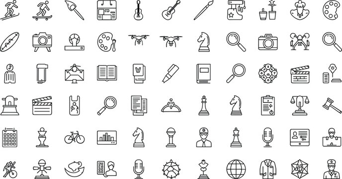 Creative hobby education and entertainment icon set with music art photography chess reading sports tools activities symbols collection