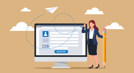 A businesswoman stands beside a giant computer screen displaying an online registration form, holding a chunky yellow pencil while a paper airplane loops playfully through the cloudy beige background © Skyframe