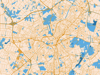 Fototapeta premium Street map of Monchengladbach, Germany in golden linework with blue water
