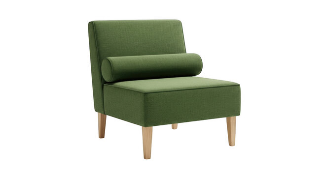 Modern armless accent chair with green fabric upholstery and light wood legs isolated on transparent background