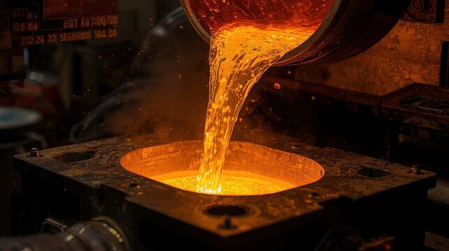Melting gold pouring into mold, refinery process