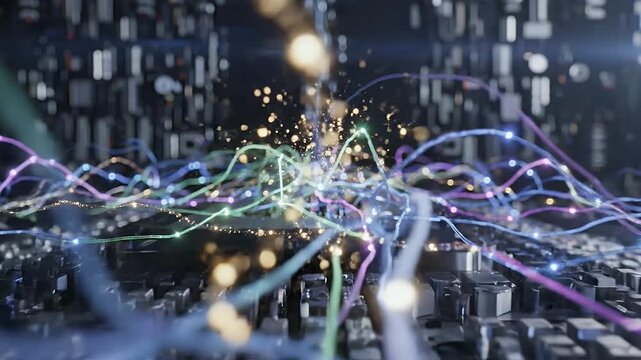 Vibrant Network Lights Spark Through Digital Cables Visualized.
