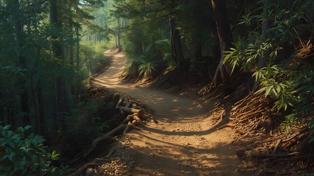 A winding dirt trail creates an inviting path through a lush forest with sun-dappled lighting, evoking adventure and a love for mountain biking.