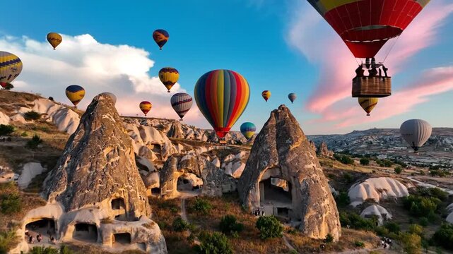 Colorful hot air balloons drifting above the unique volcanic rock formations and fairy chimneys of Goreme National Park during sunrise in Cappadocia, Central Anatolia, Turkey.