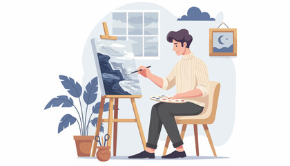 Fototapeta premium Artist painting a landscape on a canvas on an easel in a studio with plants and a window