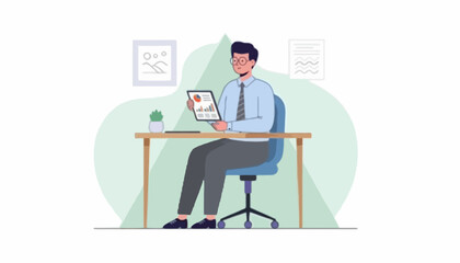 Fototapeta premium Dedicated Professional Engaged in Digital Data Analysis and Business Management on a Tablet at a Modern Office Desk Illustration