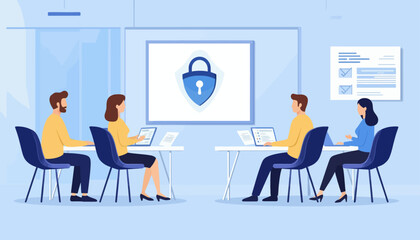 Cybersecurity training session in a modern office setting with employees learning about data protection and network security protocols © Commander