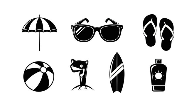 Summer Beach Vacation Icon Set: Umbrella, Sunglasses, Flip Flops, Ball, Surfboard, Sunscreen