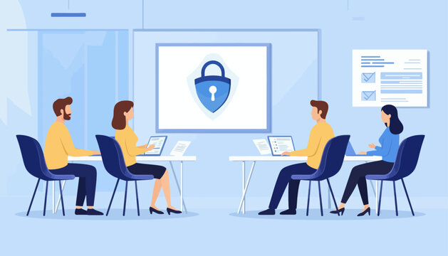 Cybersecurity training session in a modern office setting with employees learning about data protection and network security protocols