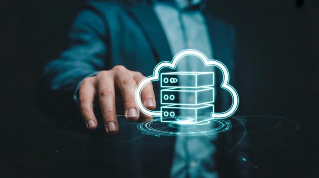 Hand interacting with floating holographic cloud server interface icon 