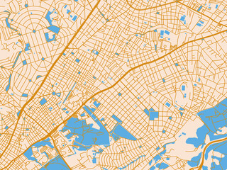Fototapeta premium Cartographic city illustration of Zografos, Greece — warm cream background with golden road lines and bright blue water in a clean flat cartographic style