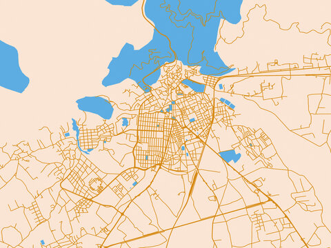 City map of Xanthi, Greece &mdash; warm cream background with golden road lines and bright blue water in a clean flat cartographic style