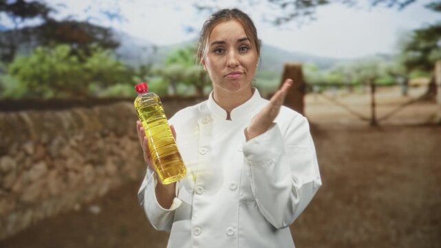 Woman cook holding a plastic bottle of yellow cooking oil, touching her cheek and presenting the bottle standing outdoors by a stone wall in forest setting; frustration waste.