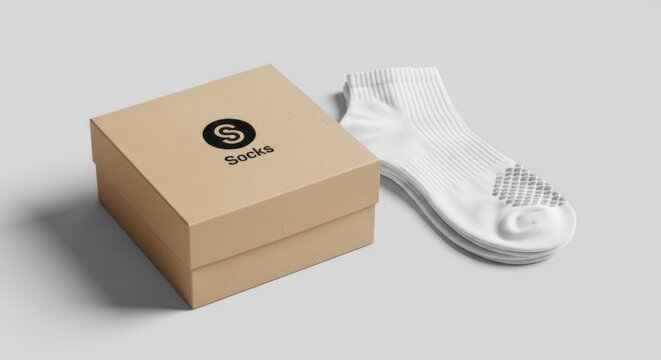 A cardboard box labeled 'Socks' with a pair of white socks placed beside it on a plain background. The box has a minimalist design with a circular logo. 