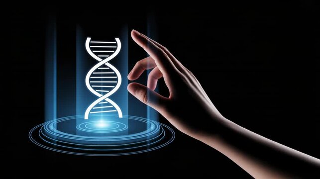 Hand interacting with holographic DNA test kit icon glowing 