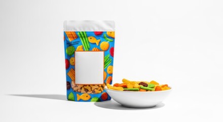 Obraz premium A colorful snack bag with a fish and vegetable design, placed next to a bowl filled with colorful snack pieces. The background is plain white, emphasizing the vibrant packaging and snacks.