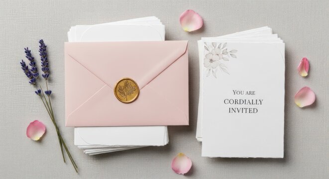 A stack of pink envelopes with a gold wax seal, accompanied by a card with floral designs and the text 'YOU ARE CORDIALLY INVITED'. The background features scattered pink rose 