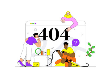 Fototapeta premium Error 404 Page Not Found and Empty State Illustration with Diverse Investigative Team