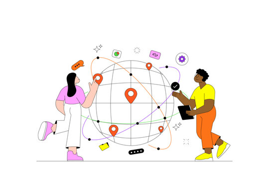 Global Business Networking and International Connectivity Illustration with Diverse Tech Team