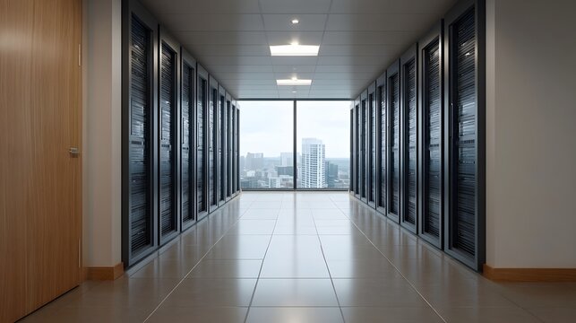 Modern server room with rows of racks leading to a large window overlooking a city skyline