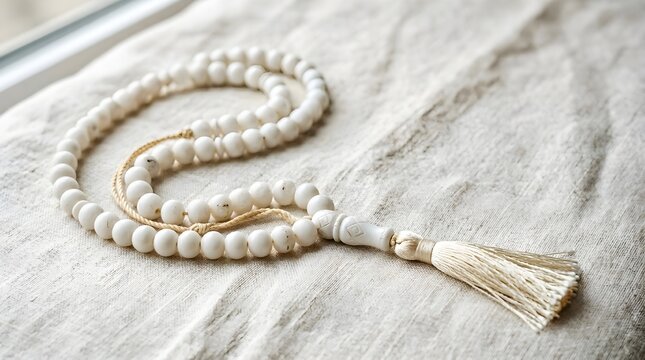 Minimal White Tasbih Prayer Beads on Soft Cream Fabric Surface with Natural Light