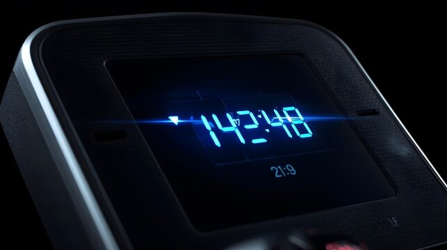 A High-Tech Digital Interface Displaying Real-Time Cardiovascular Performance Metrics with Vibrant Blue Luminescence During an Intense Fitness Session