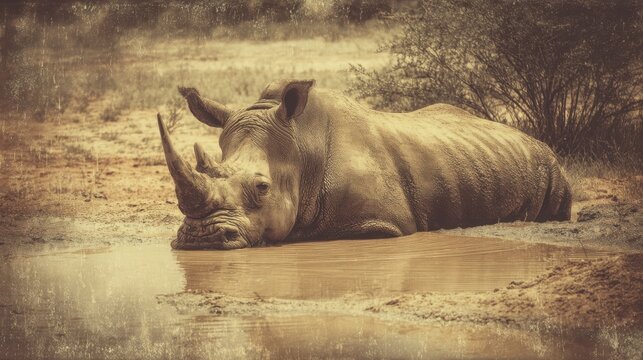 A majestic rhinoceros with thick, wrinkled hide wallowing contentedly in a muddy puddle on a dry savanna.