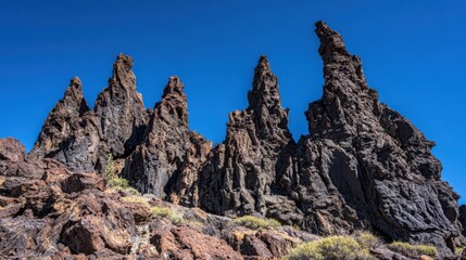 Fototapeta premium Jagged volcanic rock formations against a clear blue sky in a rugged natural landscape